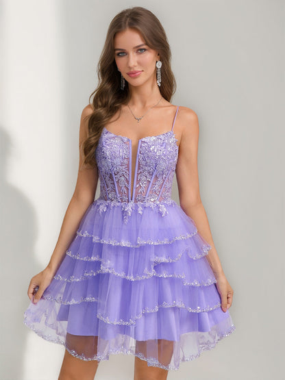 A-Line/Princess Spaghetti Straps Short/Mini Stylish Semi Formal Dresses with Sequins & Ruffles