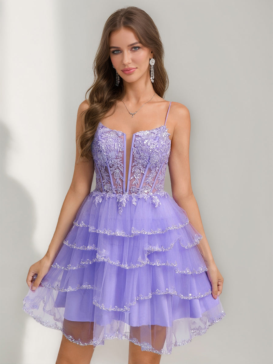 A-Line/Princess Spaghetti Straps Short/Mini Stylish Semi Formal Dresses with Sequins & Ruffles