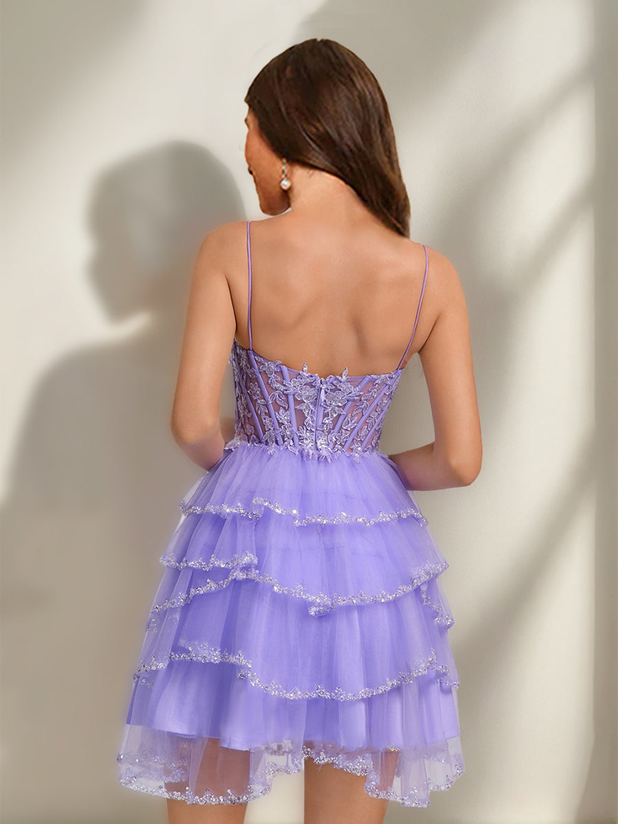 A-Line/Princess Spaghetti Straps Short/Mini Stylish Semi Formal Dresses with Sequins & Ruffles