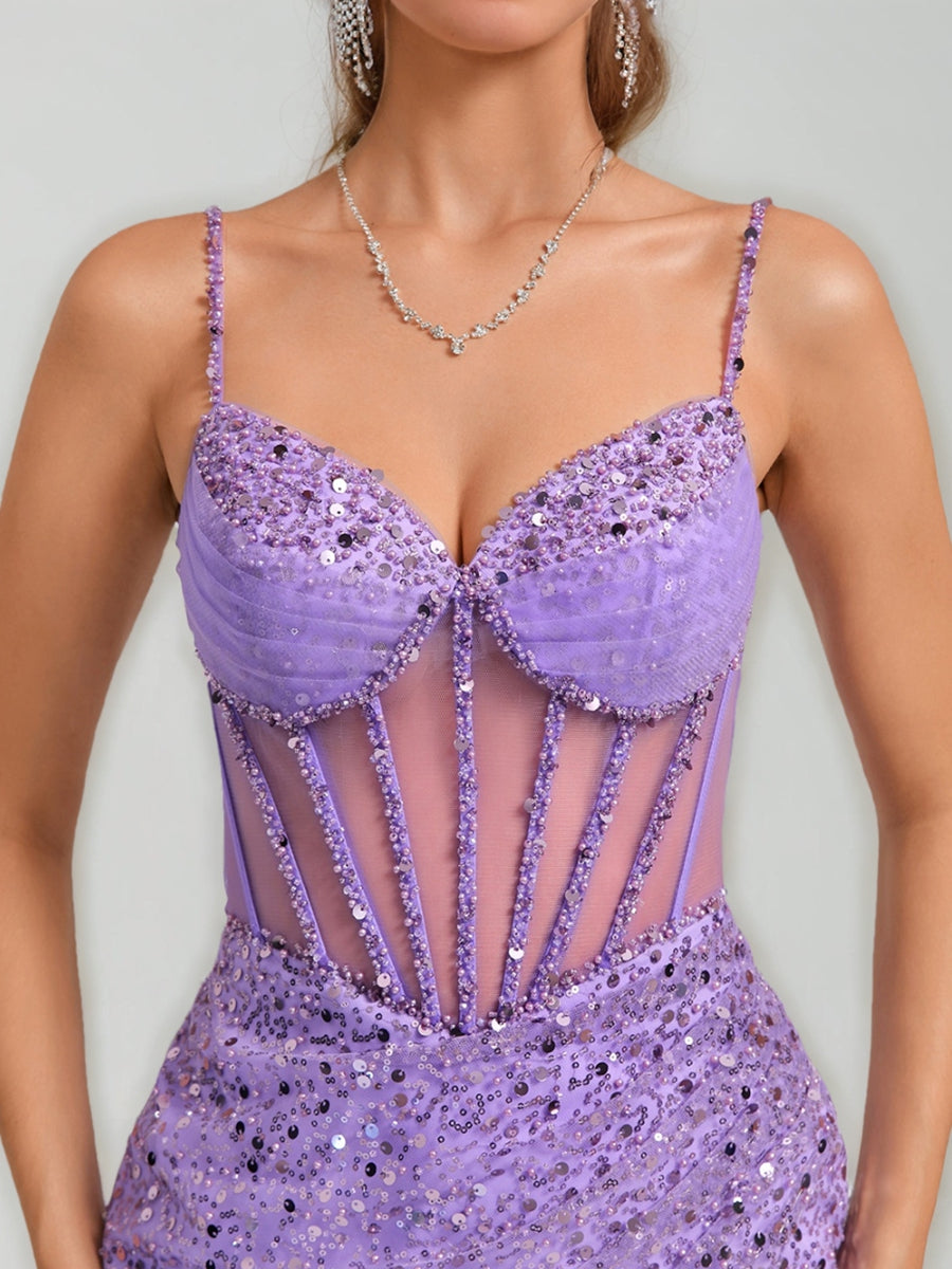 Sheath/Column V-Neck Straps Beaded Mini Dresses Short Semi Formal Dresses with Sequins