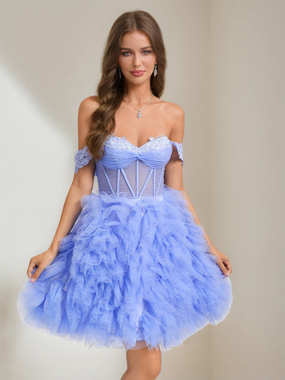 Ball Gown Sweetheart Short Tulle Semi Formal Dresses with Lace Appliques & Pleats