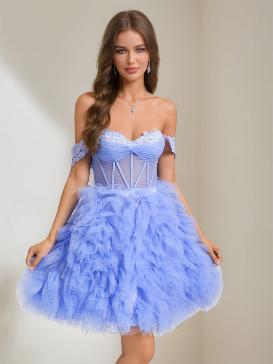 Ball Gown Sweetheart Short Tulle Semi Formal Dresses with Lace Appliques & Pleats