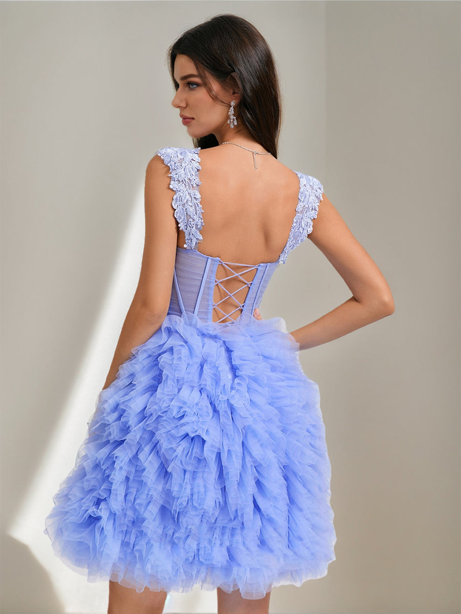 Ball Gown Sweetheart Short Tulle Semi Formal Dresses with Lace Appliques & Pleats