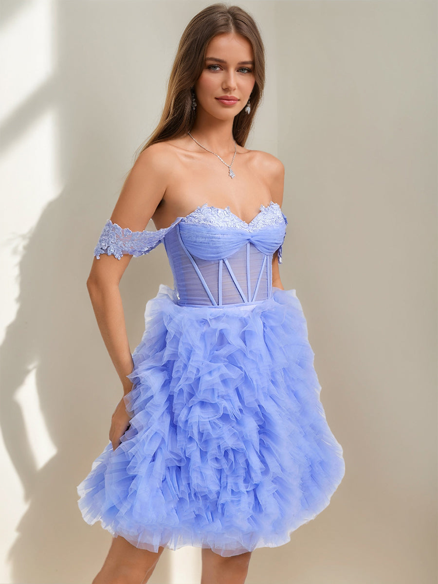 Ball Gown Sweetheart Short Tulle Semi Formal Dresses with Lace Appliques & Pleats