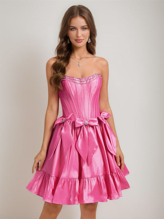 A-Line/Princess Strapless Ruffle Short Semi Formal Dresses with Rhinestones & Bow