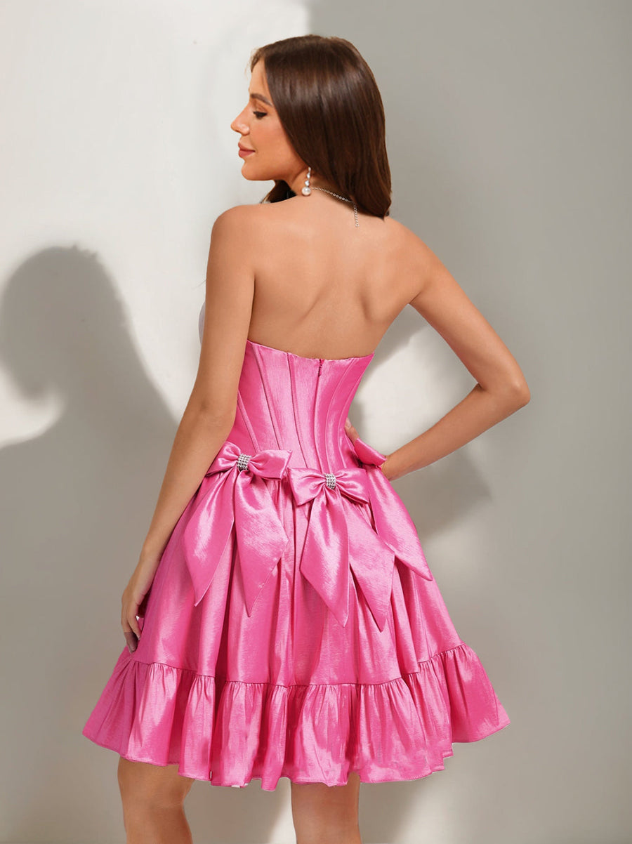 A-Line/Princess Strapless Ruffle Short Semi Formal Dresses with Rhinestones & Bow