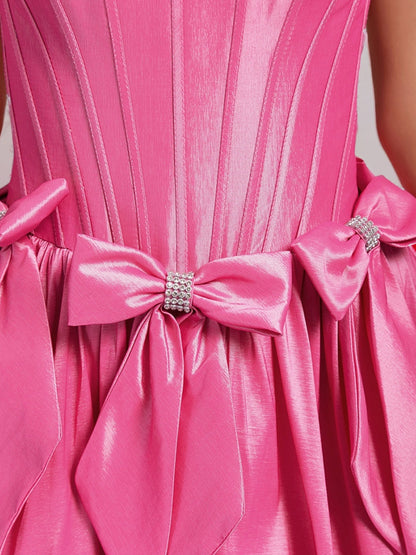 A-Line/Princess Strapless Ruffle Short Semi Formal Dresses with Rhinestones & Bow