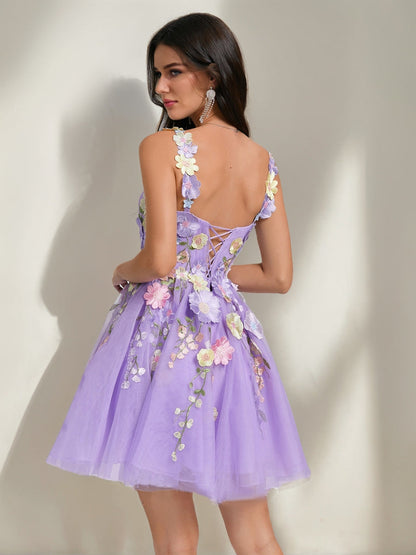 A-Line/Princess Sweetheart Sleeveless Pleated Tulle Semi Formal Dresses with Appliques