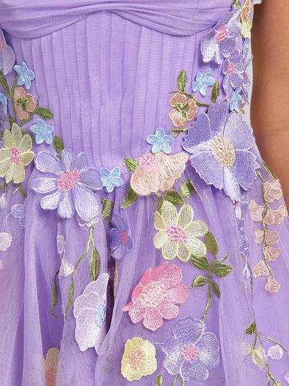 A-Line/Princess Sweetheart Sleeveless Pleated Tulle Semi Formal Dresses with Appliques