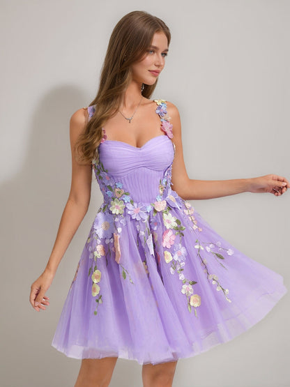 A-Line/Princess Sweetheart Sleeveless Pleated Tulle Semi Formal Dresses with Appliques