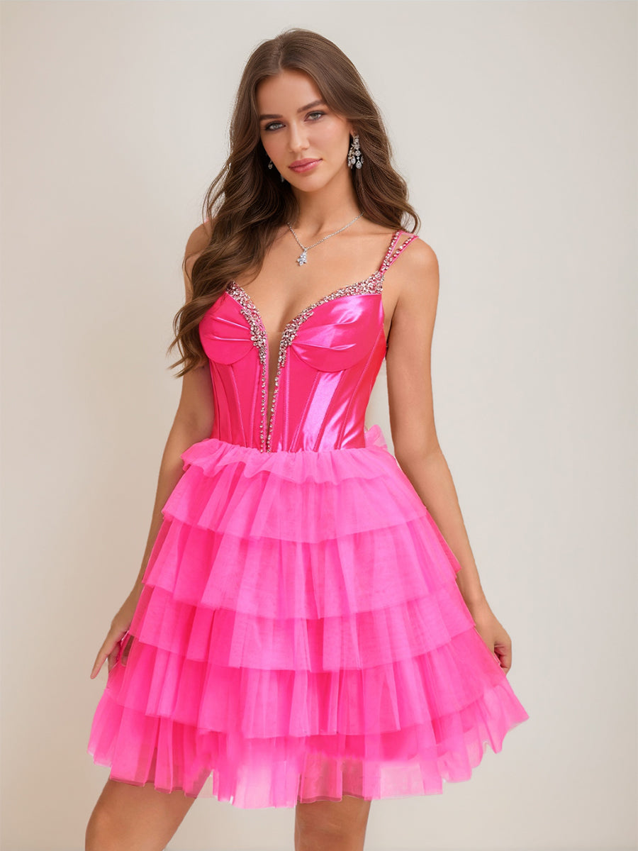 Ball Gown V-Neck Sleeveless Short Semi Formal Dresses with Tiered Ruffles & Rhinestones
