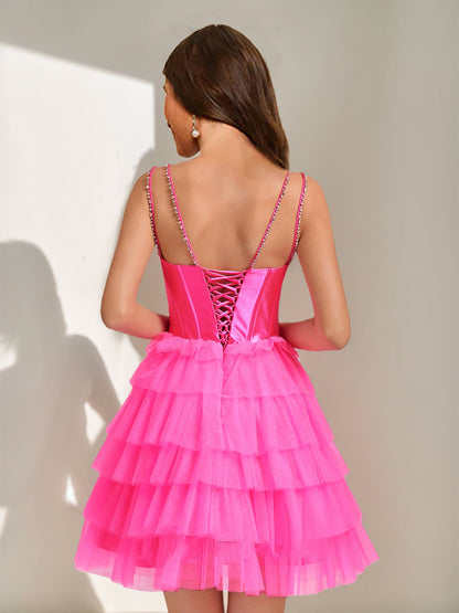Ball Gown V-Neck Sleeveless Short Semi Formal Dresses with Tiered Ruffles & Rhinestones
