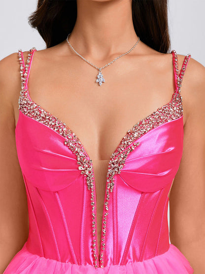 Ball Gown V-Neck Sleeveless Short Semi Formal Dresses with Tiered Ruffles & Rhinestones