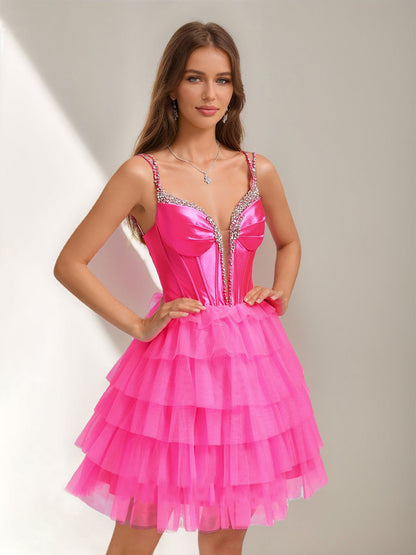 Ball Gown V-Neck Sleeveless Short Semi Formal Dresses with Tiered Ruffles & Rhinestones
