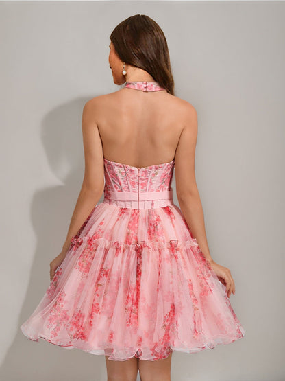 A-Line/Princess Sweetheart Printed Floral Short Semi Formal Dresses with Ruffles