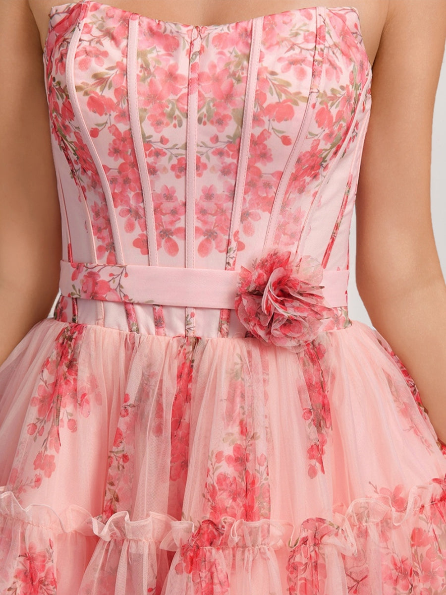 A-Line/Princess Sweetheart Printed Floral Short Semi Formal Dresses with Ruffles