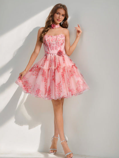 A-Line/Princess Sweetheart Printed Floral Short Semi Formal Dresses with Ruffles