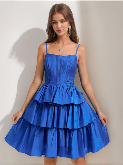 A-Line/Princess Straps Ruffle Tiered Short Semi Formal Dresses with Bow
