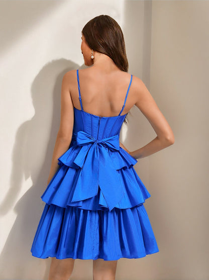 A-Line/Princess Straps Ruffle Tiered Short Semi Formal Dresses with Bow