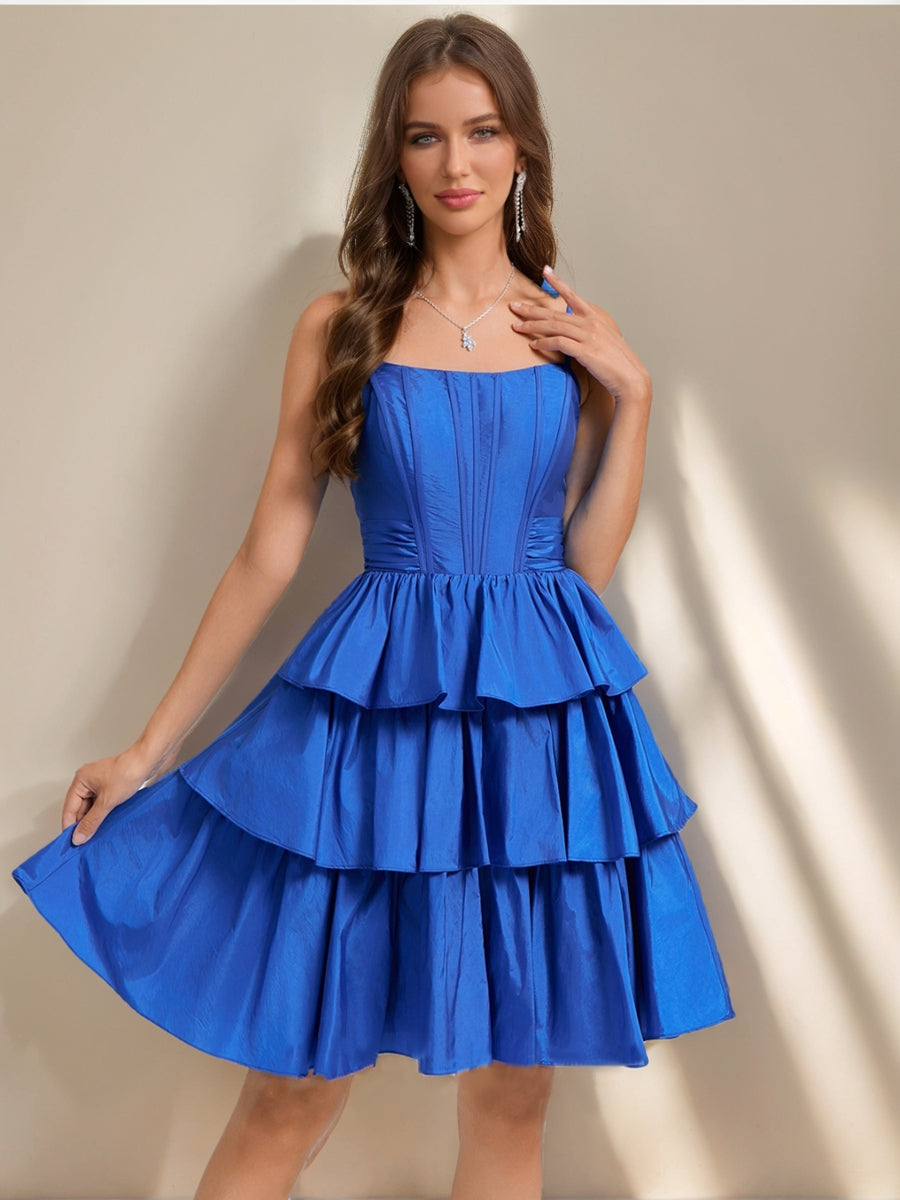 A-Line/Princess Straps Ruffle Tiered Short Semi Formal Dresses with Bow