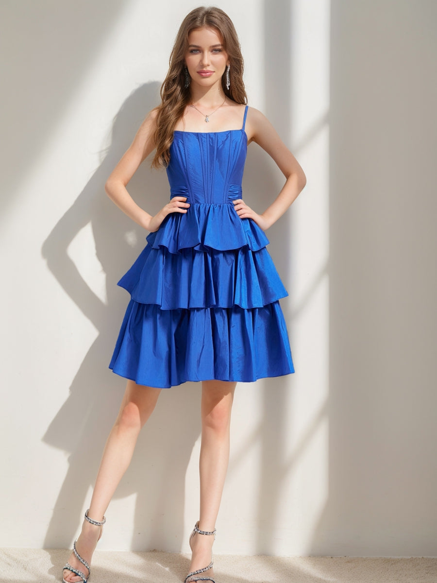A-Line/Princess Straps Ruffle Tiered Short Semi Formal Dresses with Bow
