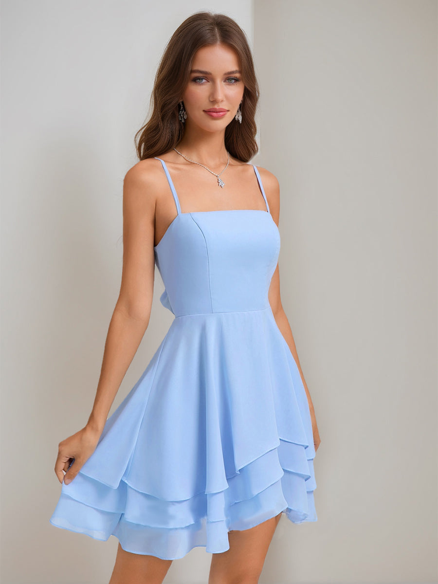 A-Line/Princess Square Neck Short Chiffon Semi Formal Dresses with Bowknot