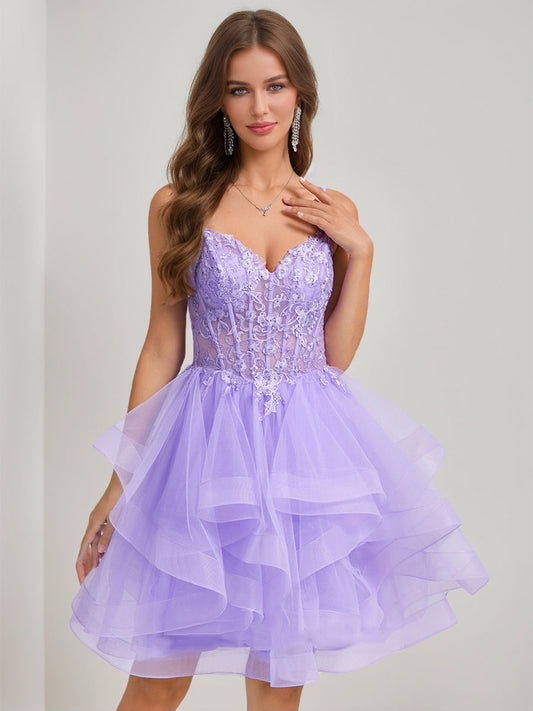Ball Gown Spaghetti Straps Noble Tulle Short Semi Formal Dresses with Beads