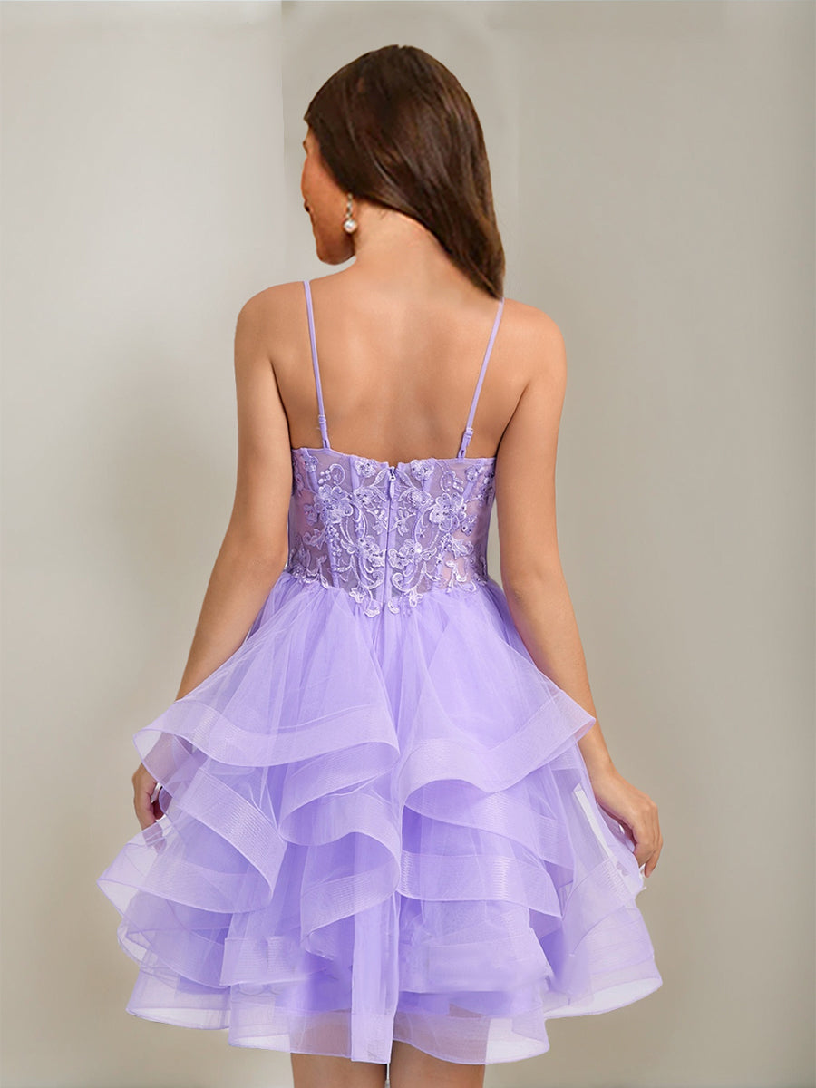 Ball Gown Spaghetti Straps Noble Tulle Short Semi Formal Dresses with Beads