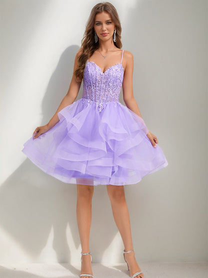 Ball Gown Spaghetti Straps Noble Tulle Short Semi Formal Dresses with Beads