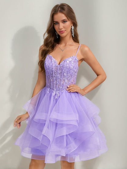 Ball Gown Spaghetti Straps Noble Tulle Short Semi Formal Dresses with Beads