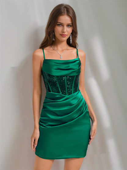 Sheath/Column Cowl Straps Sleeveless Ruched Short Semi Formal Dresses with Sequins