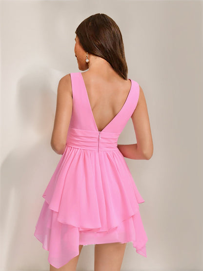 A-Line/Princess V-Neck Pleated Asymmetrical Chiffon Short Semi Formal Dresses