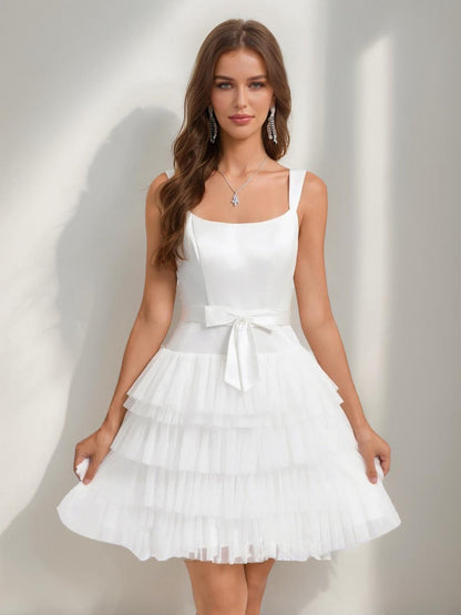 A-Line/Princess Square Sleeveless Tiered Short Semi Formal Dresses with Bow