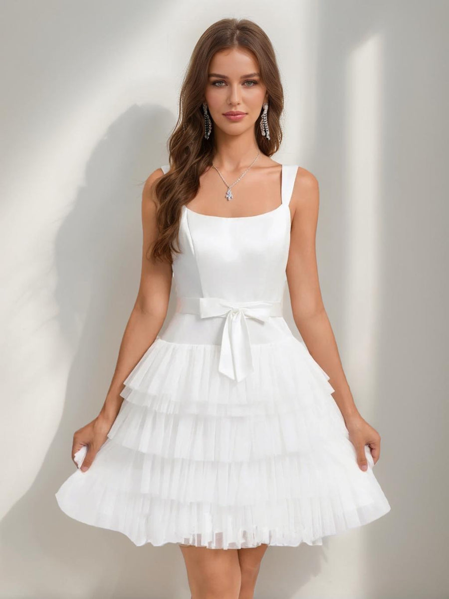 A-Line/Princess Square Sleeveless Tiered Short Semi Formal Dresses with Bow