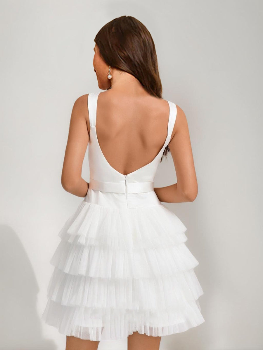 A-Line/Princess Square Sleeveless Tiered Short Semi Formal Dresses with Bow