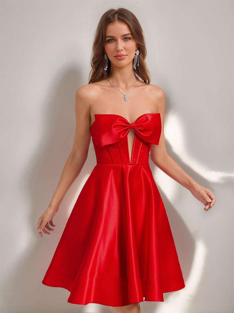 A-Line/Princess Sweetheart Satin Short/Mini Semi Formal Dresses with Bow
