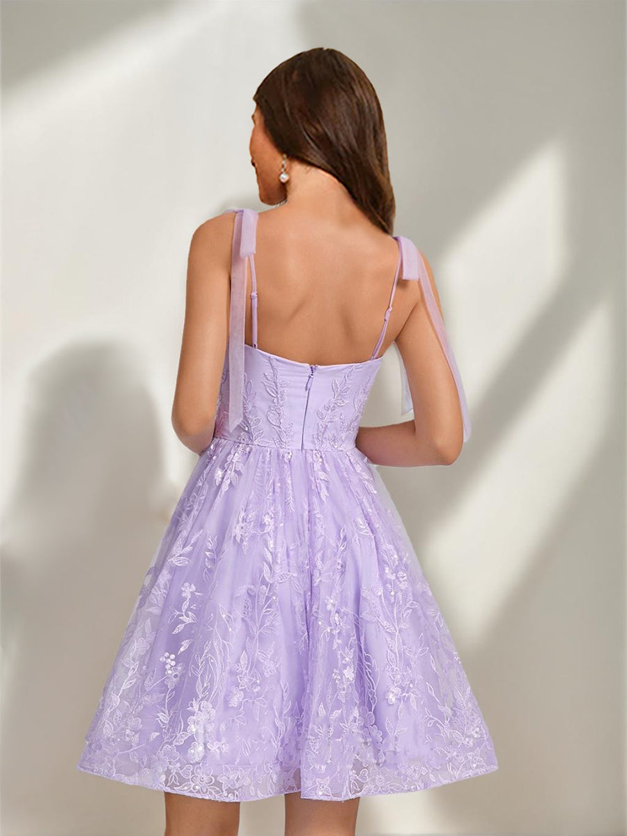 A-Line/Princess Sweetheart Sleeveless Sequined Short Semi Formal Dresses with Bow & Appliques