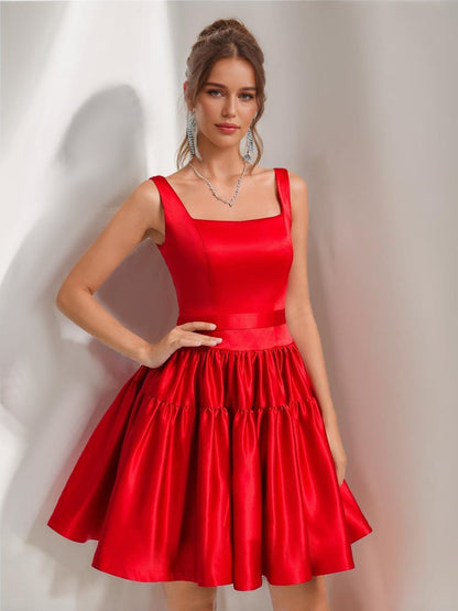 Ball Gown Square Neck Satin Short Semi Formal Dresses with Pleats
