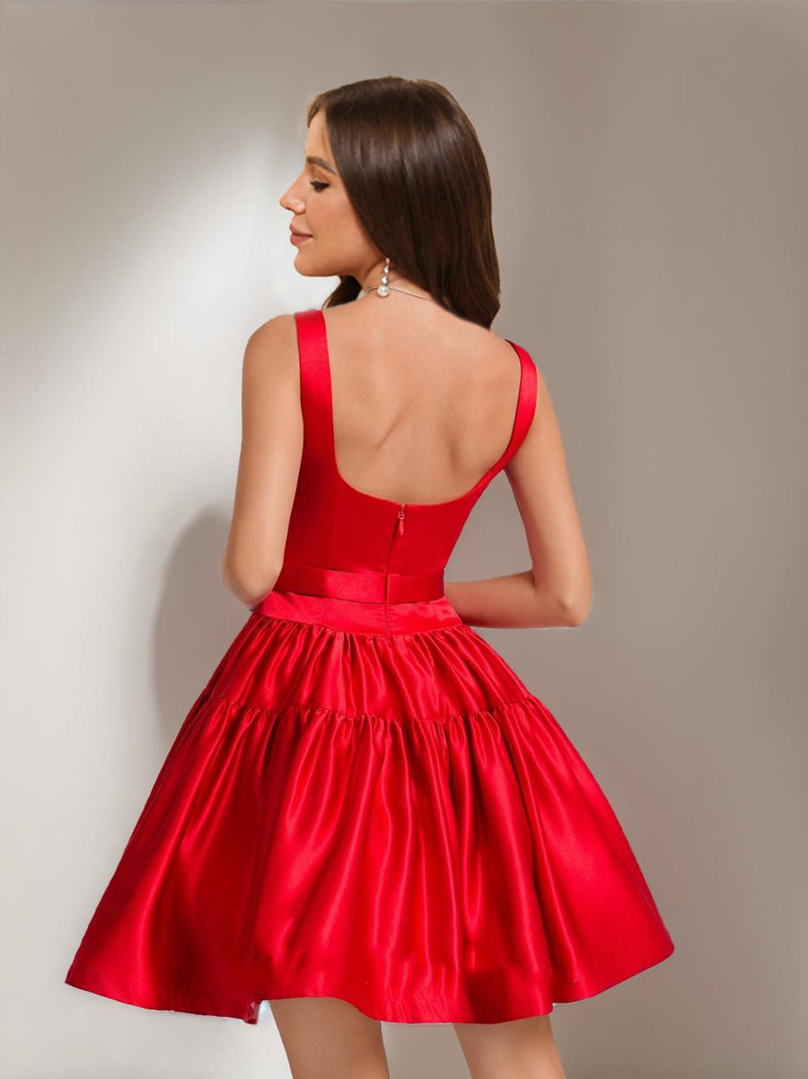 Ball Gown Square Neck Satin Short Semi Formal Dresses with Pleats