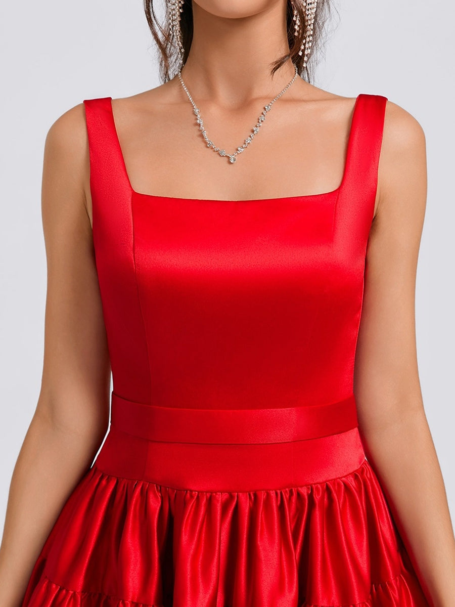 Ball Gown Square Neck Satin Short Semi Formal Dresses with Pleats