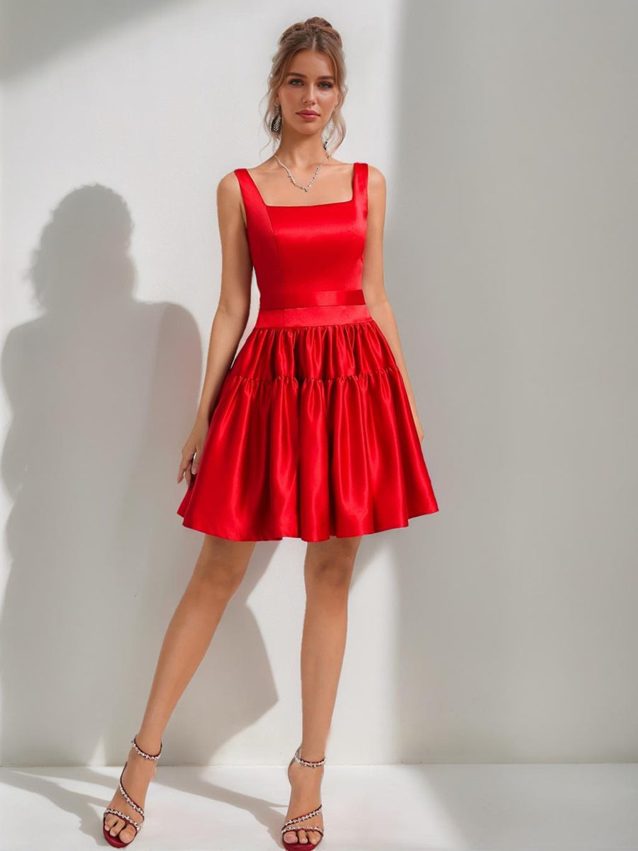 Ball Gown Square Neck Satin Short Semi Formal Dresses with Pleats