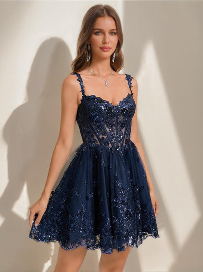 Ball Gown V-Neck Sequins Lace Tulle Short Semi Formal Dresses