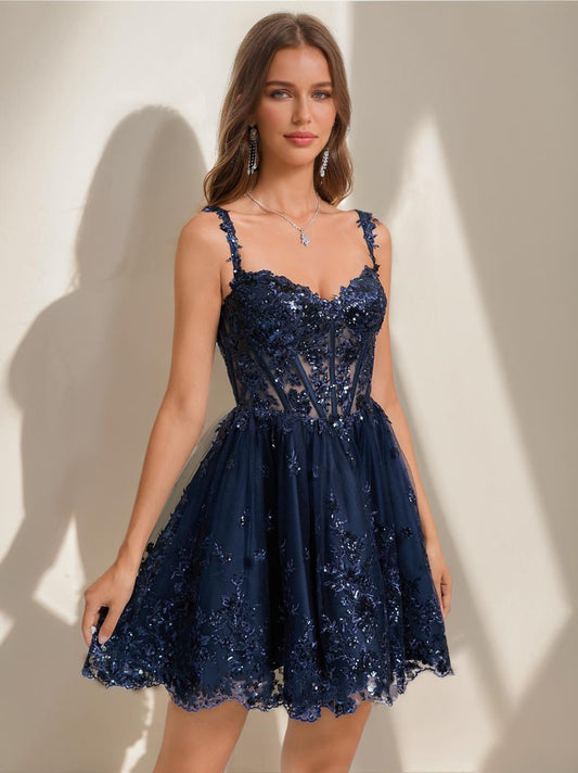 Ball Gown V-Neck Sequins Lace Tulle Short Semi Formal Dresses