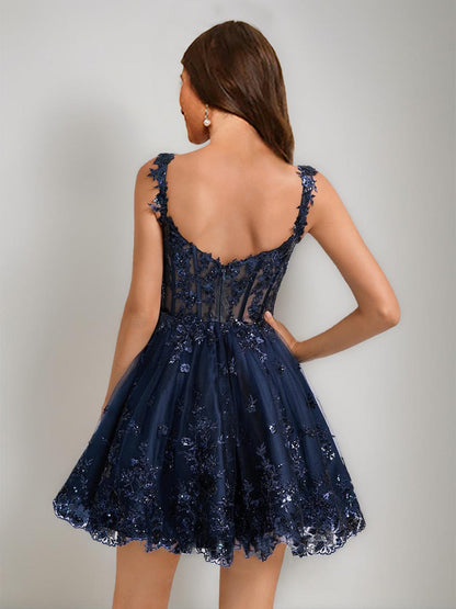 Ball Gown V-Neck Sequins Lace Tulle Short Semi Formal Dresses