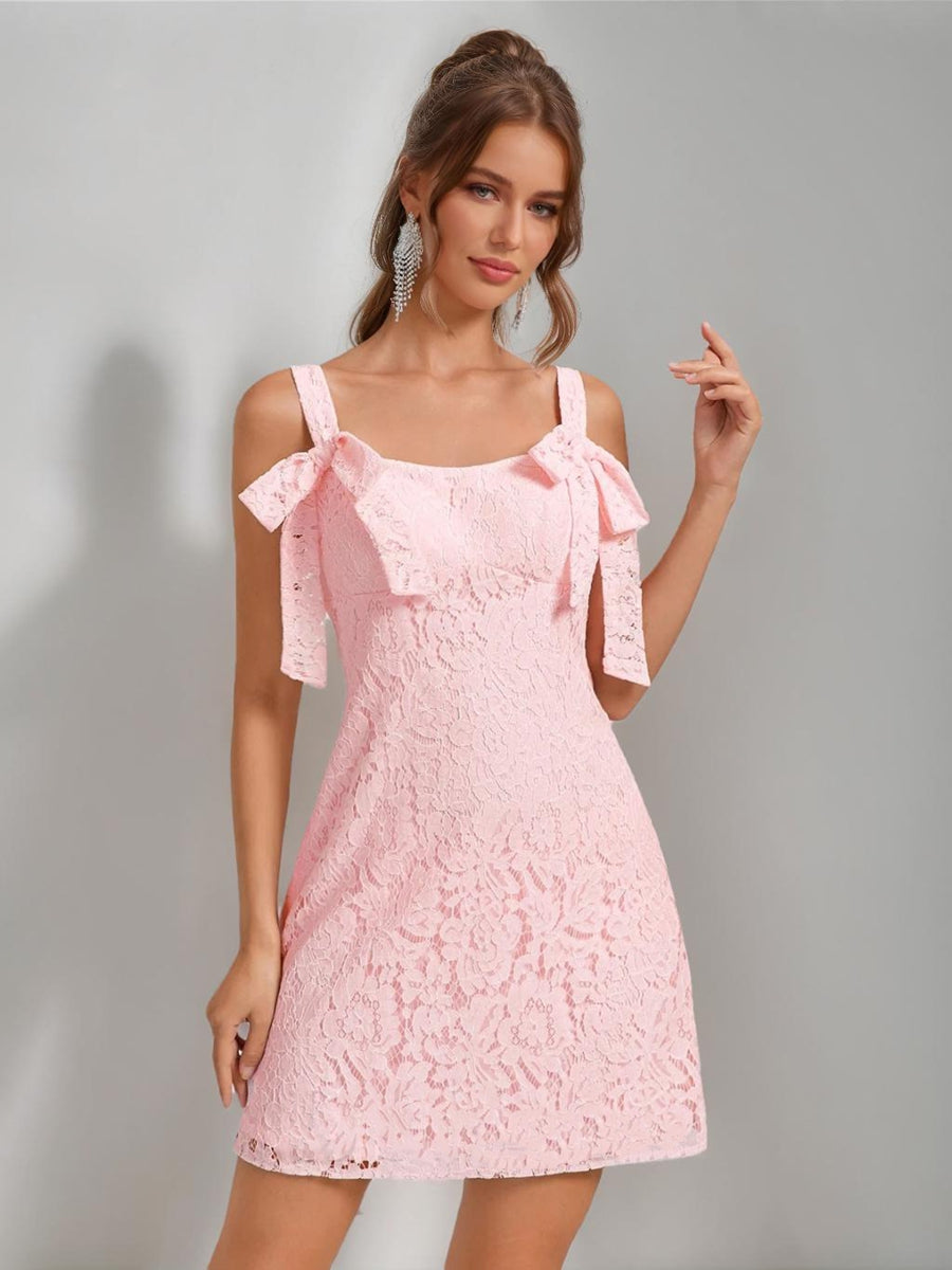 Sheath/Column Square Sleeveless Lace Mini Dresses Short Semi Formal Dresses with Bow