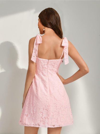 Sheath/Column Square Sleeveless Lace Mini Dresses Short Semi Formal Dresses with Bow