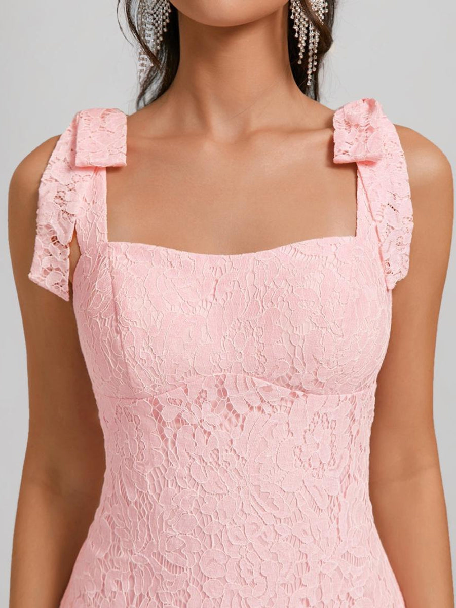 Sheath/Column Square Sleeveless Lace Mini Dresses Short Semi Formal Dresses with Bow