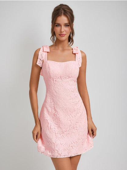 Sheath/Column Square Sleeveless Lace Mini Dresses Short Semi Formal Dresses with Bow