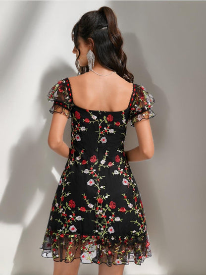 A-Line/Princess Square Puff Sleeves Ruffle Short Semi Formal Dresses with Embroidery