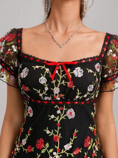 A-Line/Princess Square Puff Sleeves Ruffle Short Semi Formal Dresses with Embroidery